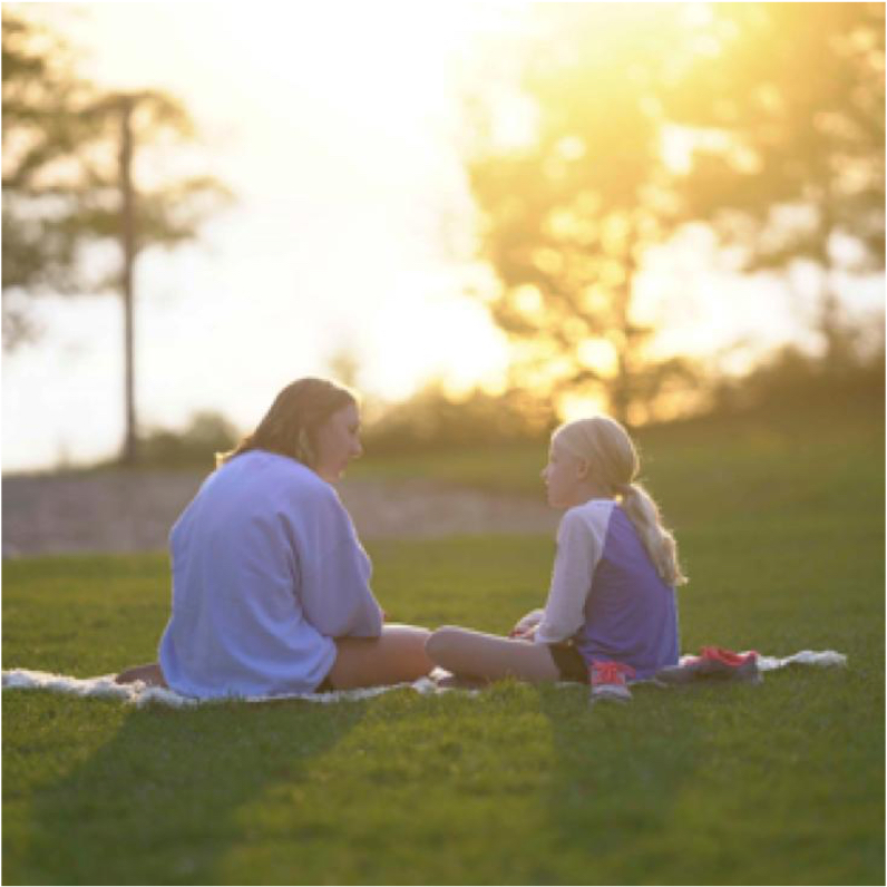 Two girls sitting on blanket in field